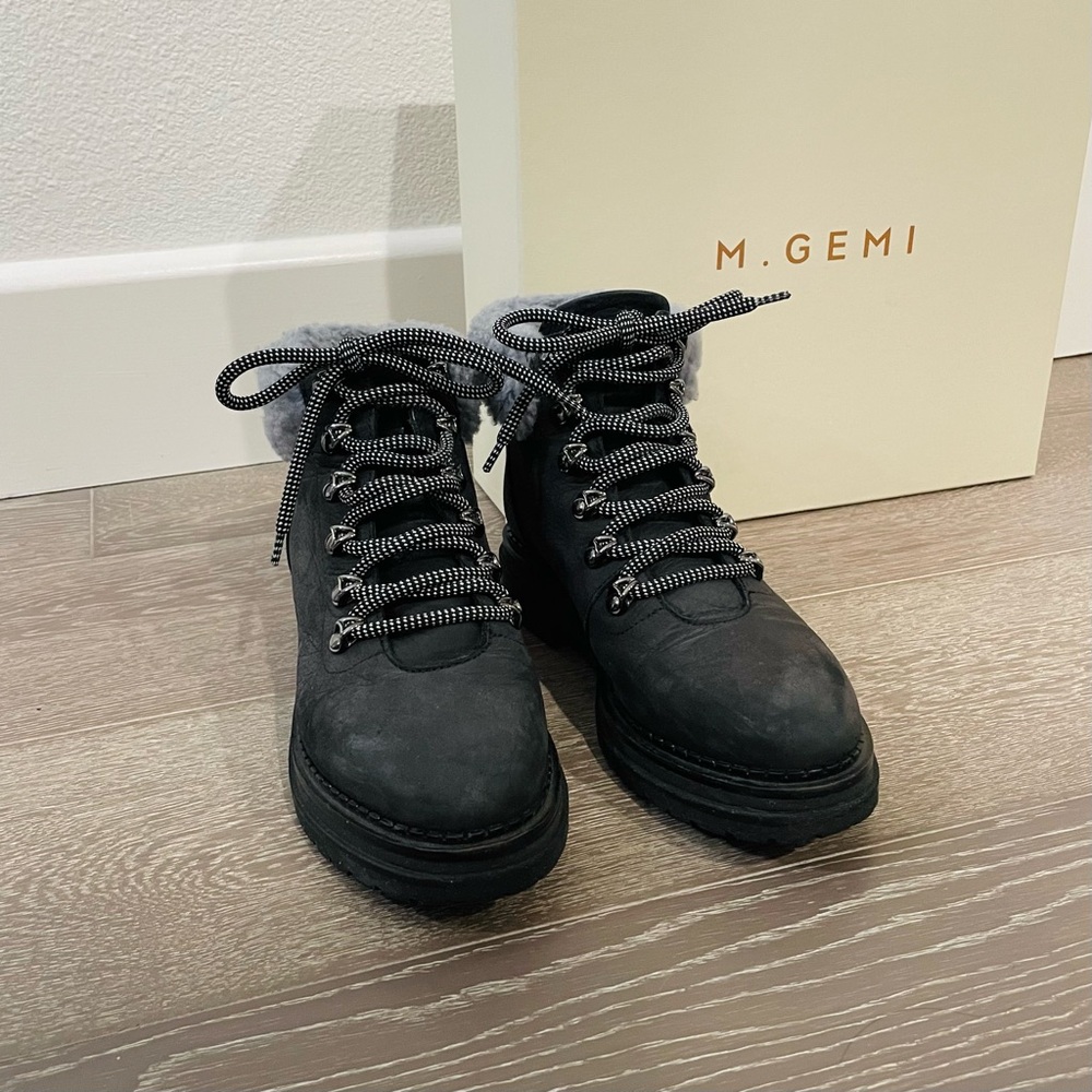 M. Gemi Black Nubuck Ankle Boots with Grey Shearling - Size 8